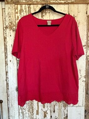 Chico's Bright Red V-Neck Short Sleeve Top with Scalloped Eyelet Hem